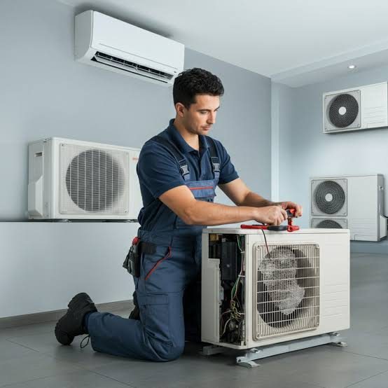 Technician repairing a residential air conditioning condenser unit